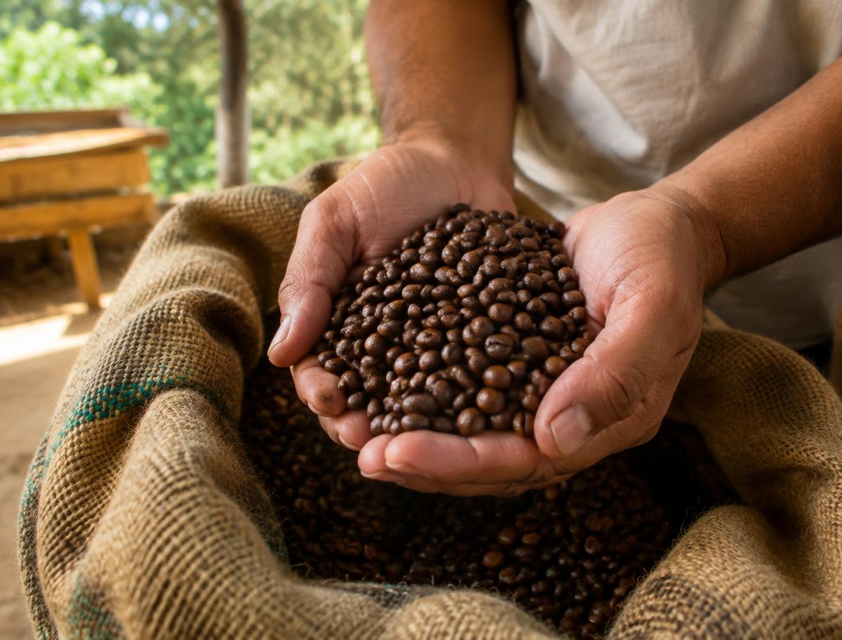 Mãos segurando grãos de café sobre saca de juta