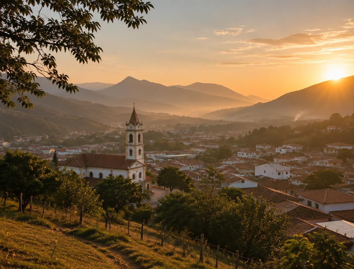 Cidade do interior de Minas Gerais entre montanhas ao amanhecer